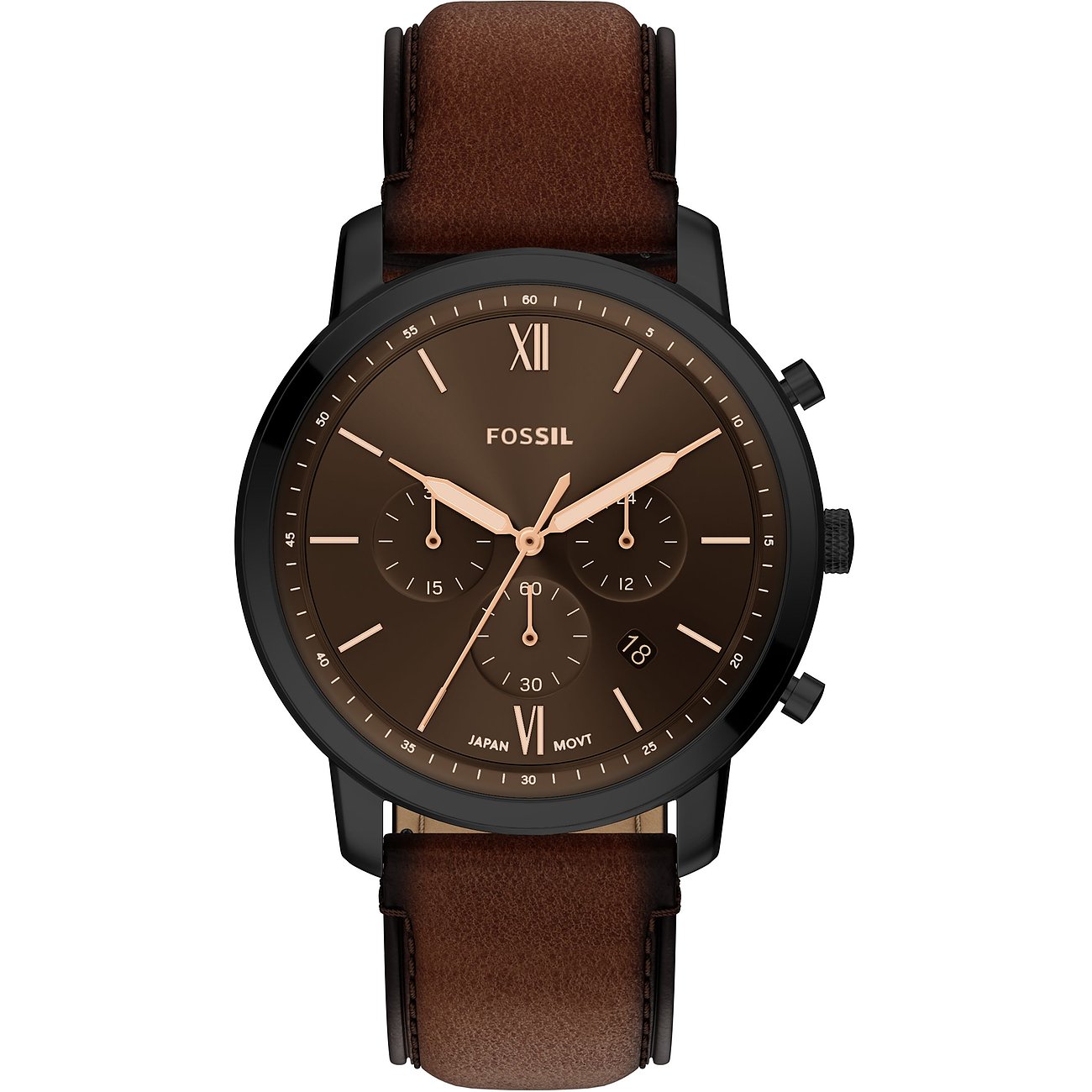 Fossil Herrenuhr aus schwarzem Edelstahl mit braunem Zifferblatt und braunem Lederarmband, frontale Ansicht.