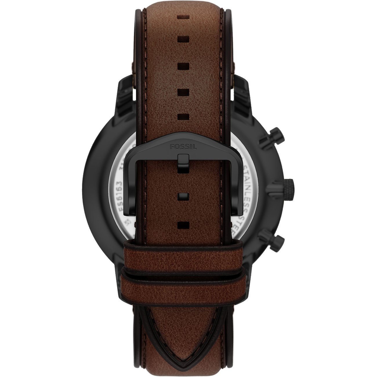 Rückansicht der Fossil Herrenuhr aus Edelstahl mit braunem Lederarmband und schwarzer Dornschließe.
