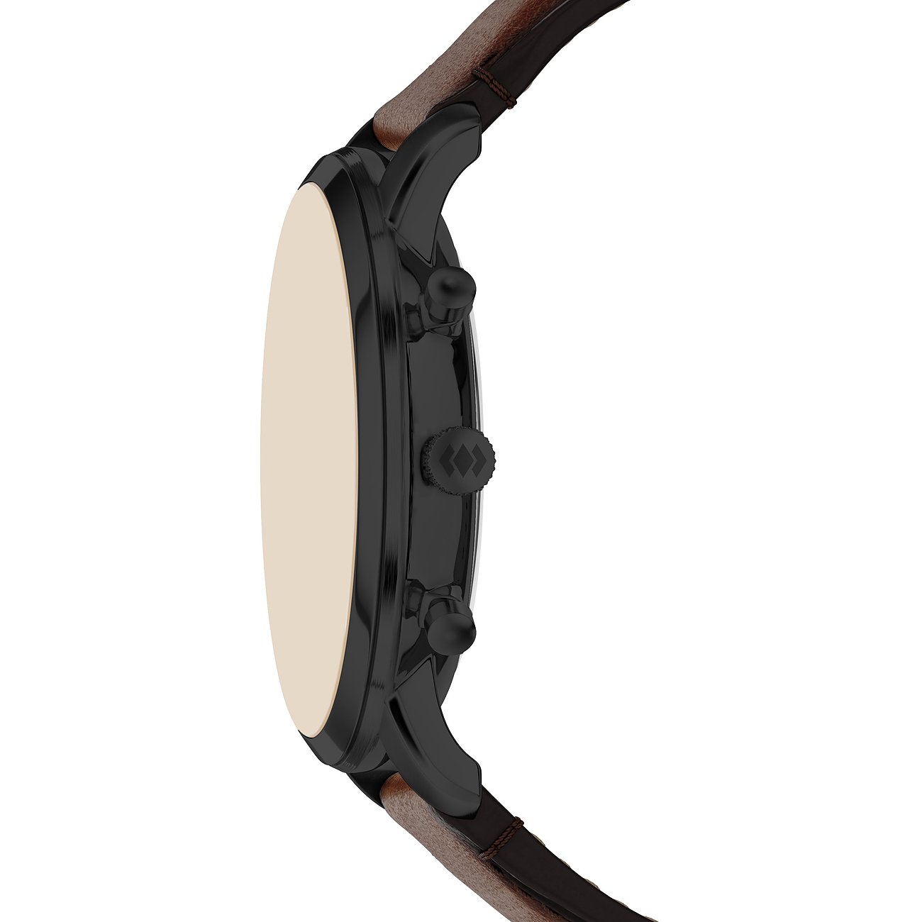 Seitenansicht einer Fossil Herrenuhr aus schwarzem Edelstahl mit braunem Band und beigem Zifferblatt.
