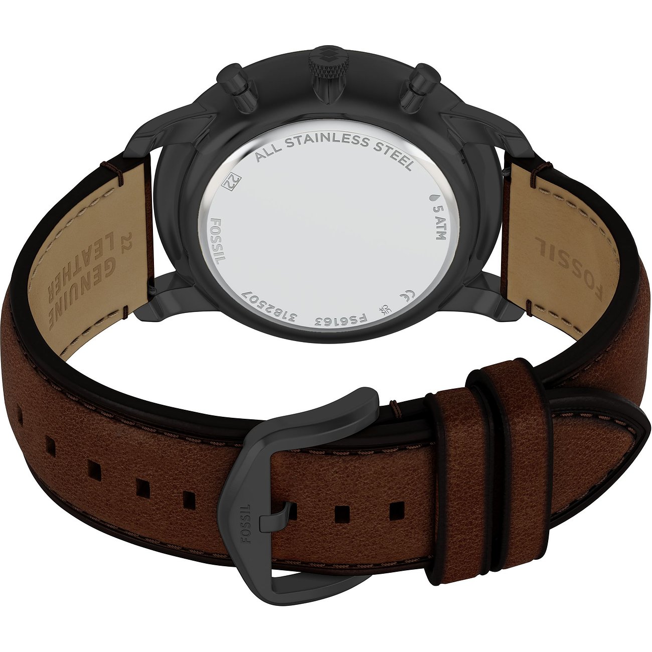 Rückseite einer Fossil Herrenuhr aus Edelstahl mit braunem Lederarmband und schwarzer Dornschließe.