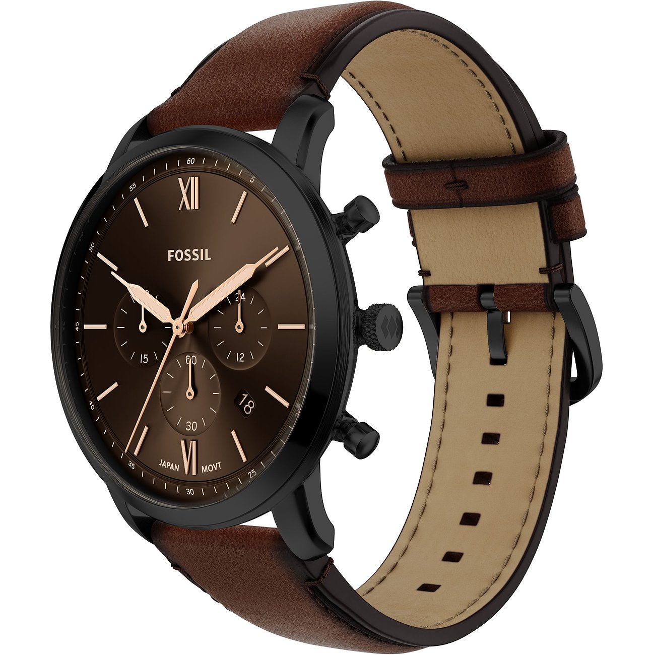 Eine Fossil Herrenuhr aus schwarzem Edelstahl mit braunem Lederarmband und braunem Zifferblatt, schräg von oben.