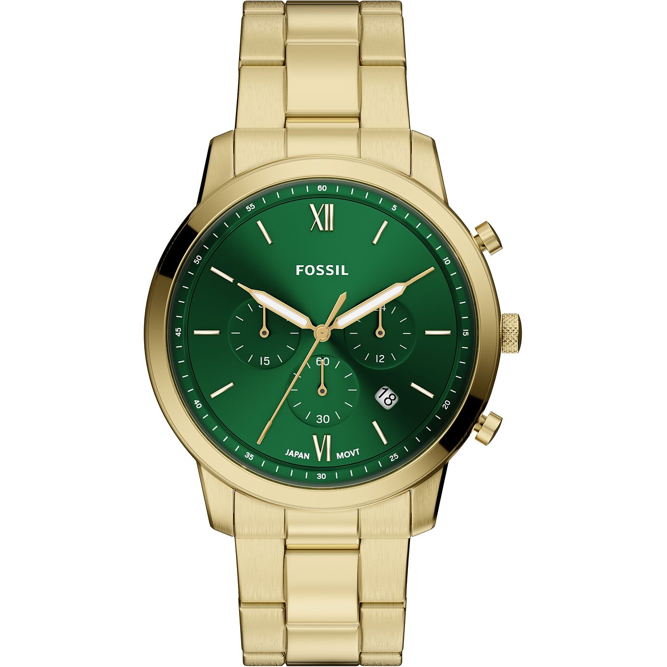 Orologio da uomo Fossil in acciaio dorato con quadrante verde e funzioni cronografo, ripreso frontalmente.