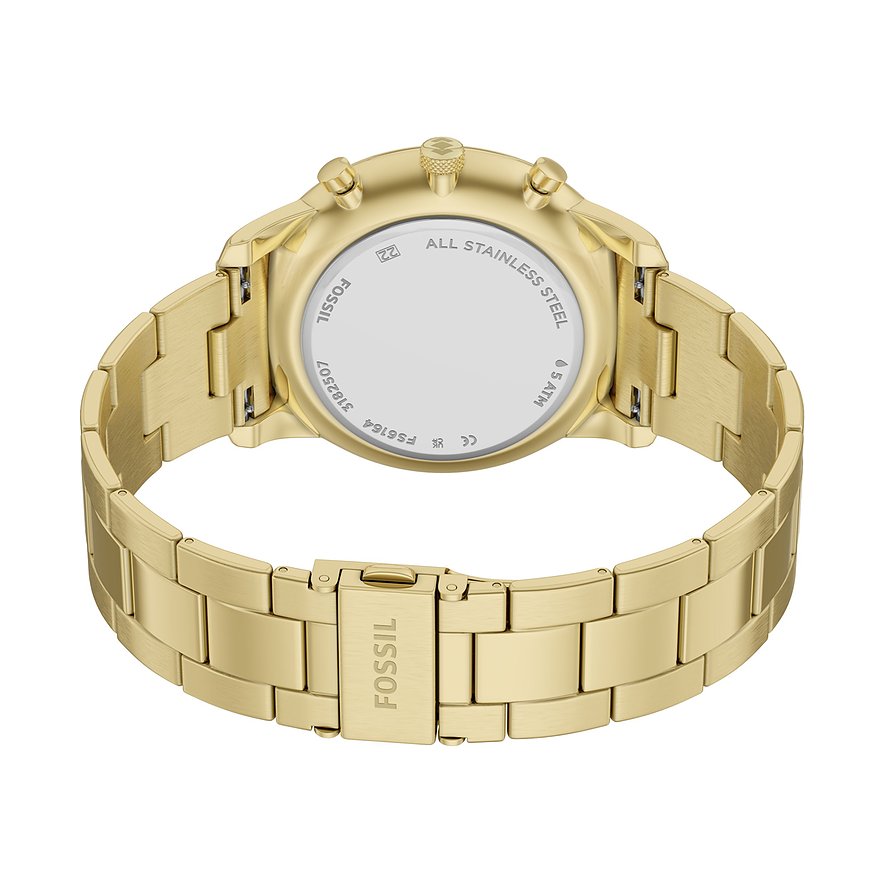 Retro di un orologio da uomo Fossil dorato in acciaio inossidabile con fondo inciso e chiusura.