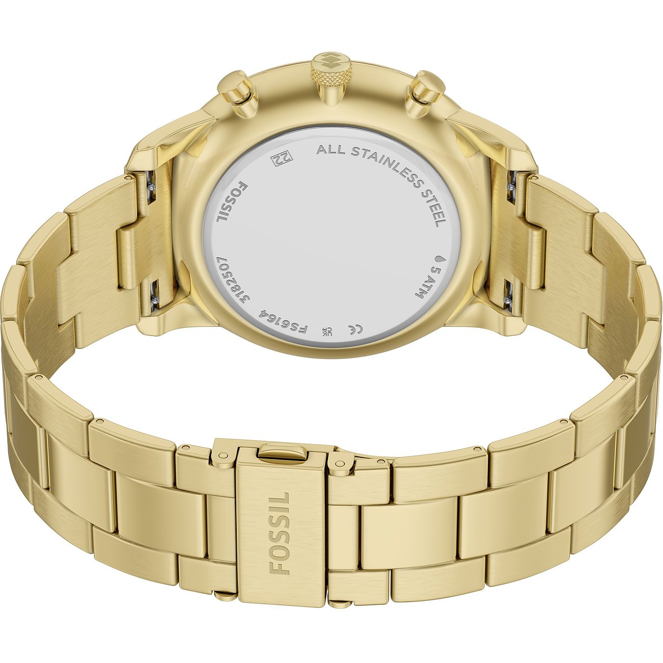 Retro di un orologio da uomo Fossil dorato in acciaio inossidabile con fondo inciso e chiusura.