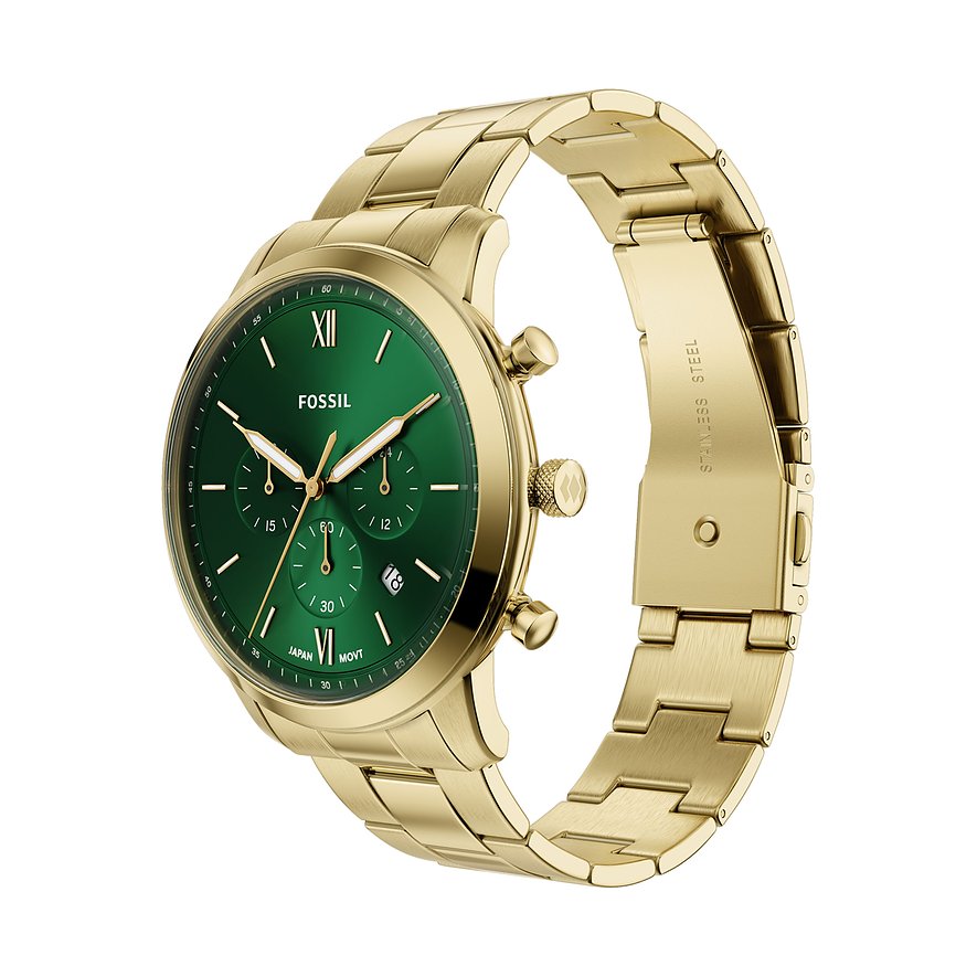 Orologio da uomo Fossil color oro in acciaio inossidabile con quadrante verde brillante e funzioni cronografo.