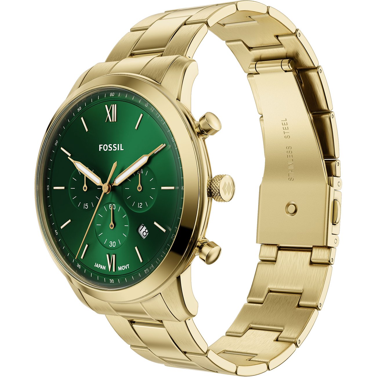 Orologio da uomo Fossil color oro in acciaio inossidabile con quadrante verde brillante e funzioni cronografo.