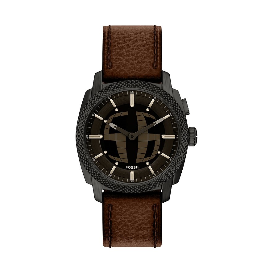 Eine Fossil Herrenuhr aus schwarzem Edelstahl mit Lederarmband und schwarzem Zifferblatt mit Weltkugel-Design.
