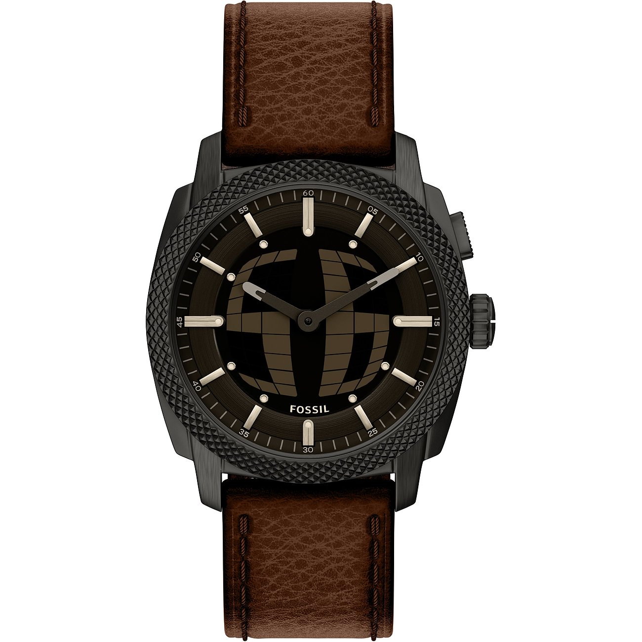 Eine Fossil Herrenuhr aus schwarzem Edelstahl mit Lederarmband und schwarzem Zifferblatt mit Weltkugel-Design.