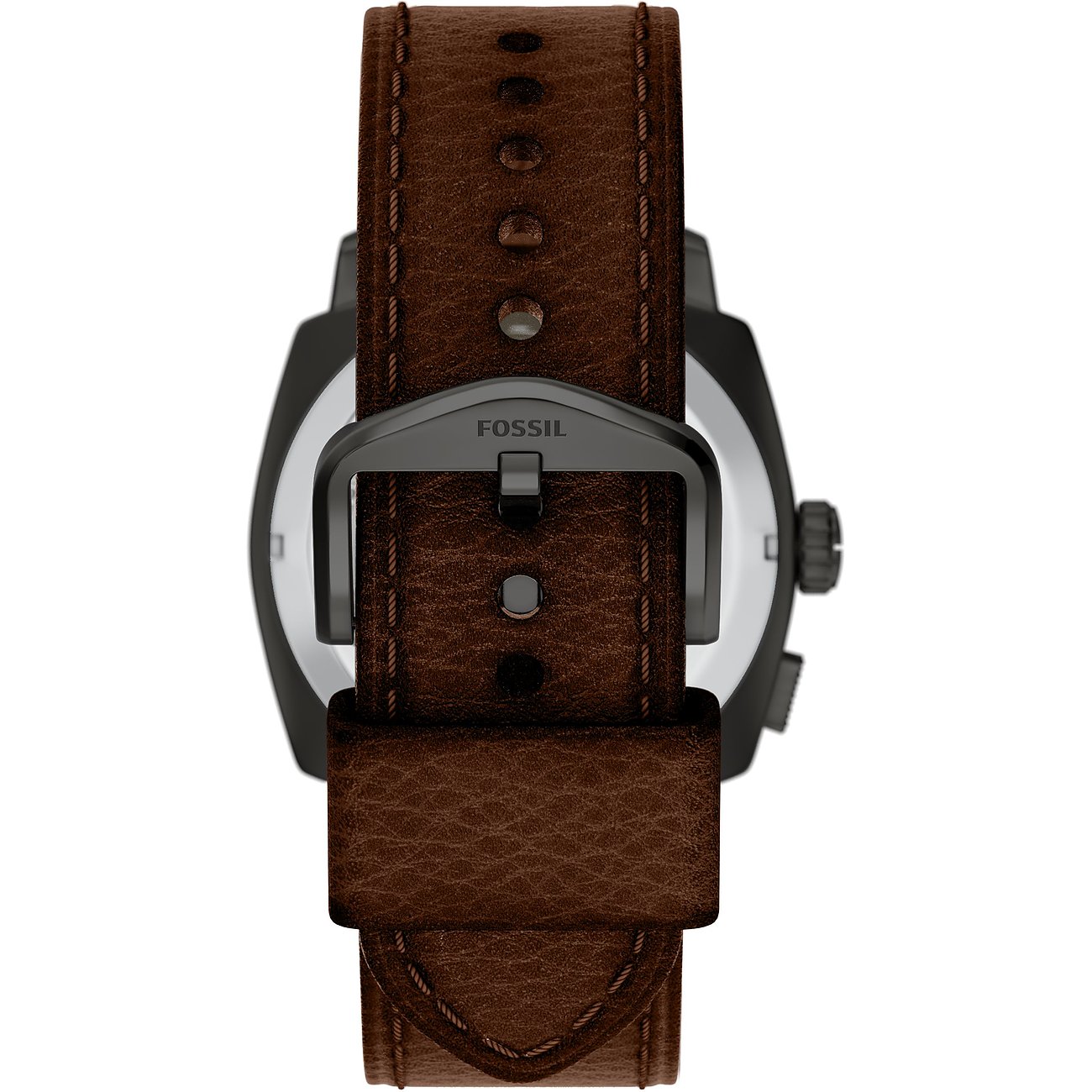 Rückansicht einer Fossil Herrenuhr aus Edelstahl mit braunem Lederarmband und dunkler Dornschließe.