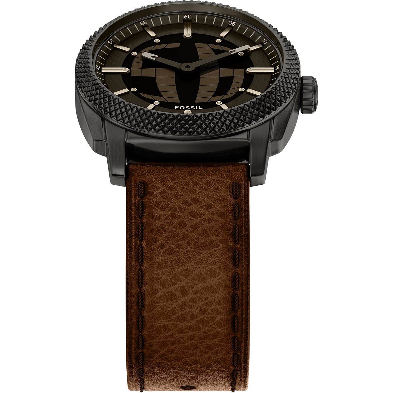 Herrenuhr von Fossil aus schwarzem Edelstahl mit braunem Lederarmband und schwarzem Zifferblatt mit Weltkarten-Design.