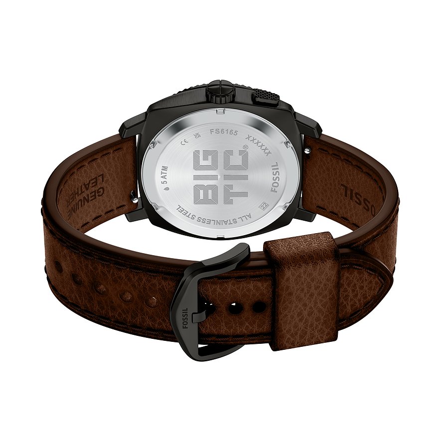 Rückseite einer Fossil Herrenuhr aus schwarzem Edelstahl mit braunem Lederarmband und schwarzer Schließe.