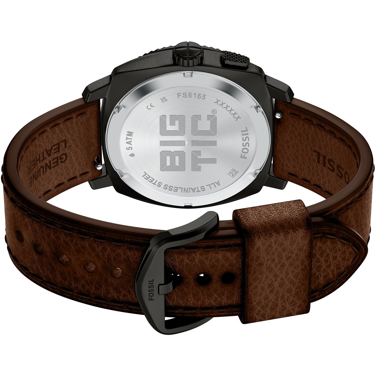 Rückseite einer Fossil Herrenuhr aus schwarzem Edelstahl mit braunem Lederarmband und schwarzer Schließe.