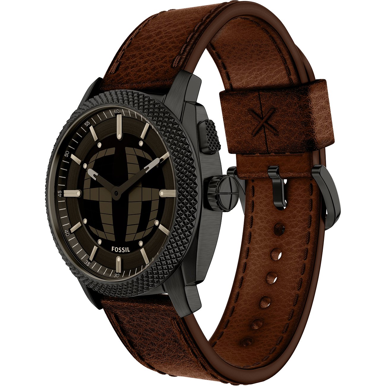 Fossil Herrenuhr aus Edelstahl mit braunem Lederband und schwarzem Zifferblatt, dargestellt aus einer Halbprofilansicht.