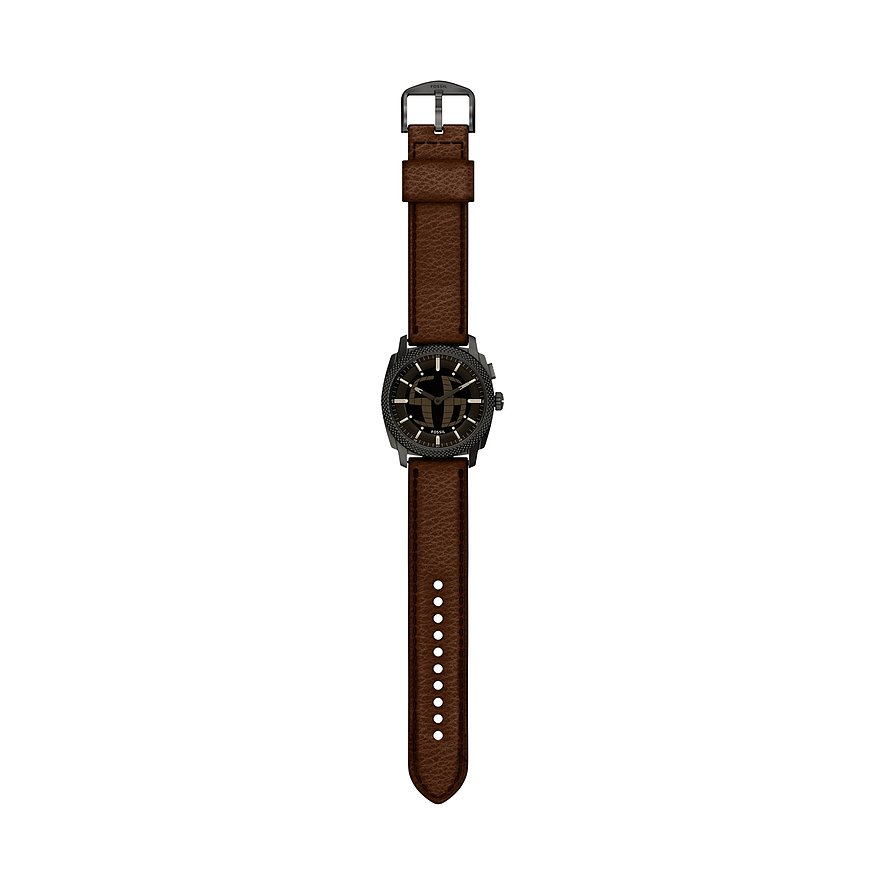 Fossil Herrenuhr aus Edelstahl mit braunem Lederarmband, freigestellt in der Vorderansicht.