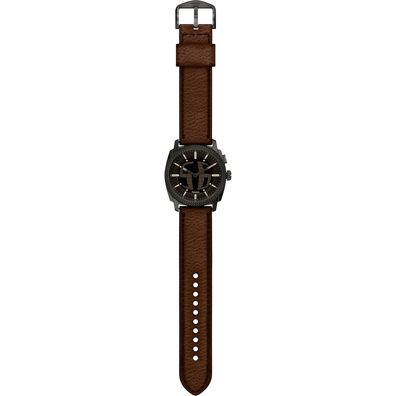 Fossil Herrenuhr aus Edelstahl mit braunem Lederarmband, freigestellt in der Vorderansicht.