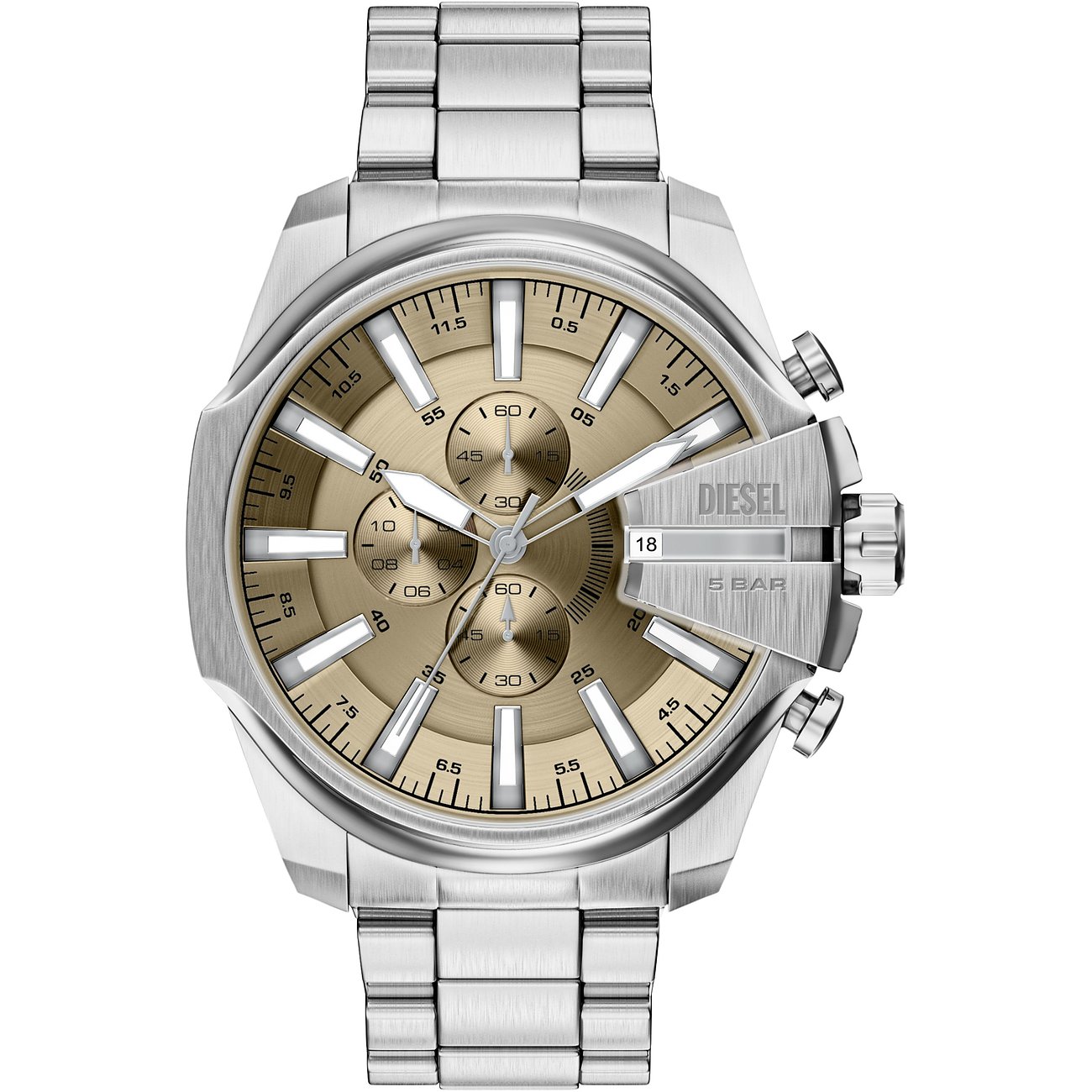 Une montre Diesel homme en acier inoxydable doré avec bracelet assorti et cadran beige.