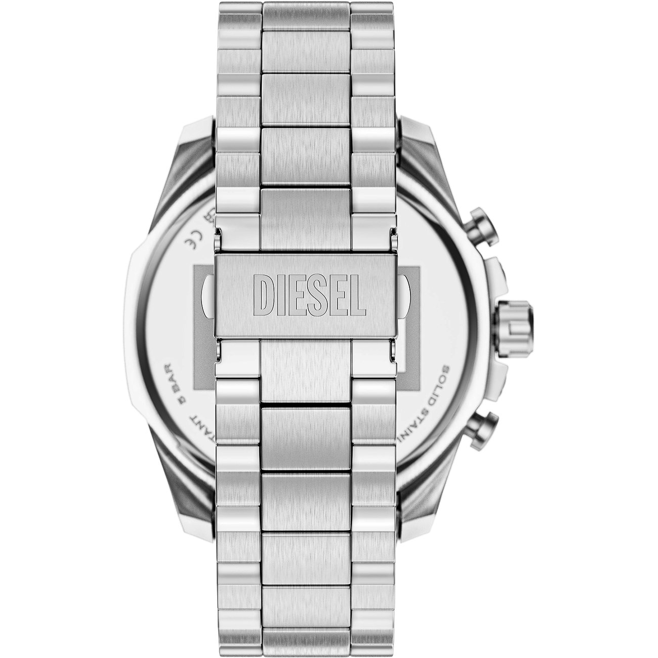 Dos d'une montre homme Diesel en acier inoxydable, avec logo Diesel et détails comme 'SOLID STAINLESS'.