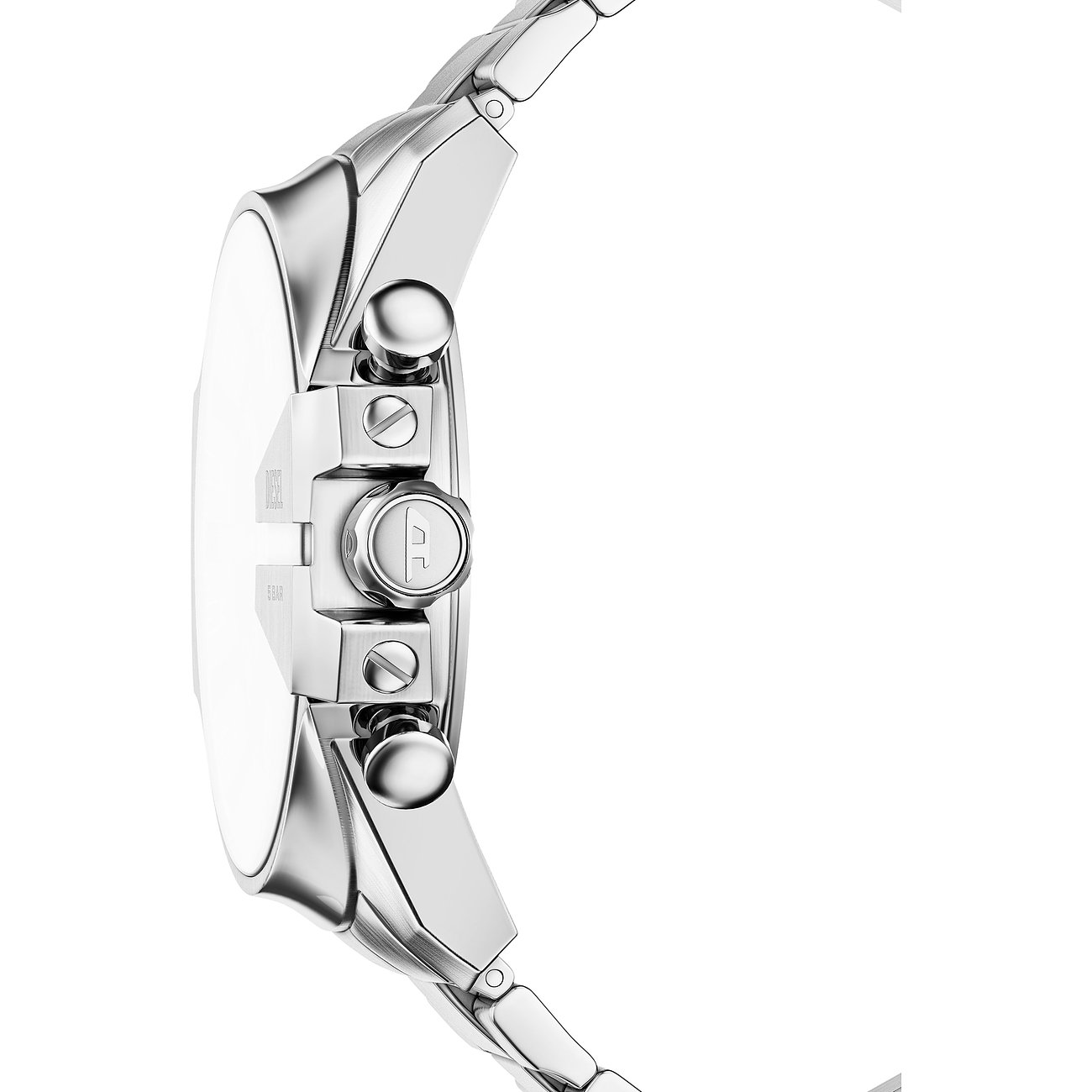 Vue latérale de la montre homme Diesel en acier inoxydable, avec boutons-poussoirs de chronographe et couronne logotypée.