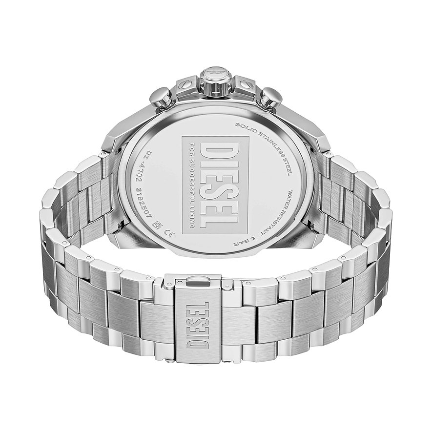 Dos d'une montre Diesel pour homme en acier inoxydable, avec gravures du logo Diesel et détails techniques.