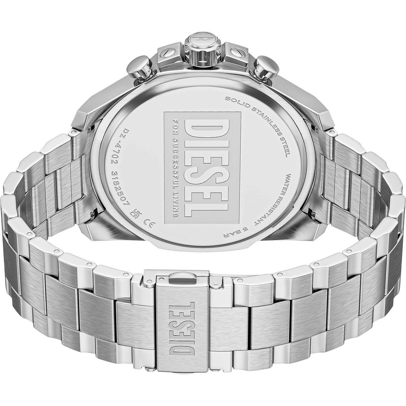 Dos d'une montre Diesel pour homme en acier inoxydable, avec gravures du logo Diesel et détails techniques.