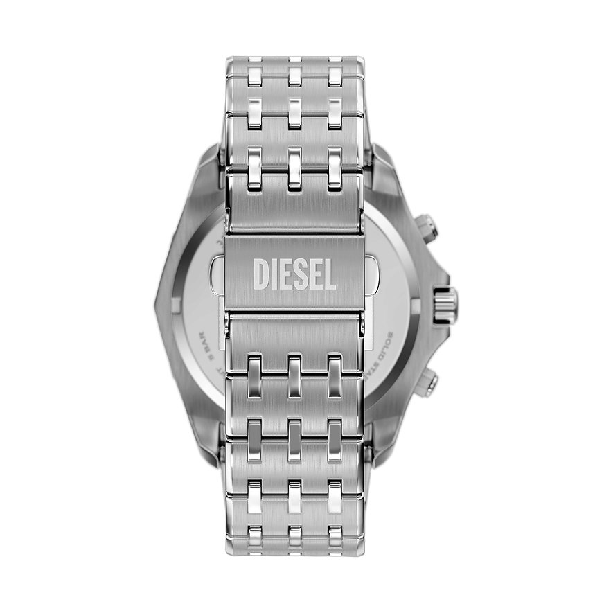 Baksidan av Diesel herrklocka i rostfritt stål med synligt armband och varumärkesprägling på låset.