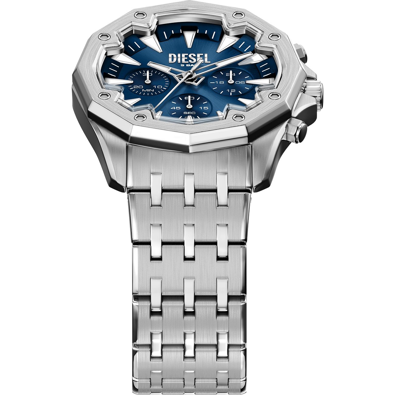 Diesel herrklocka i rostfritt stål med åttkantigt boett och blå urtavla, fotograferad snett från ovan.