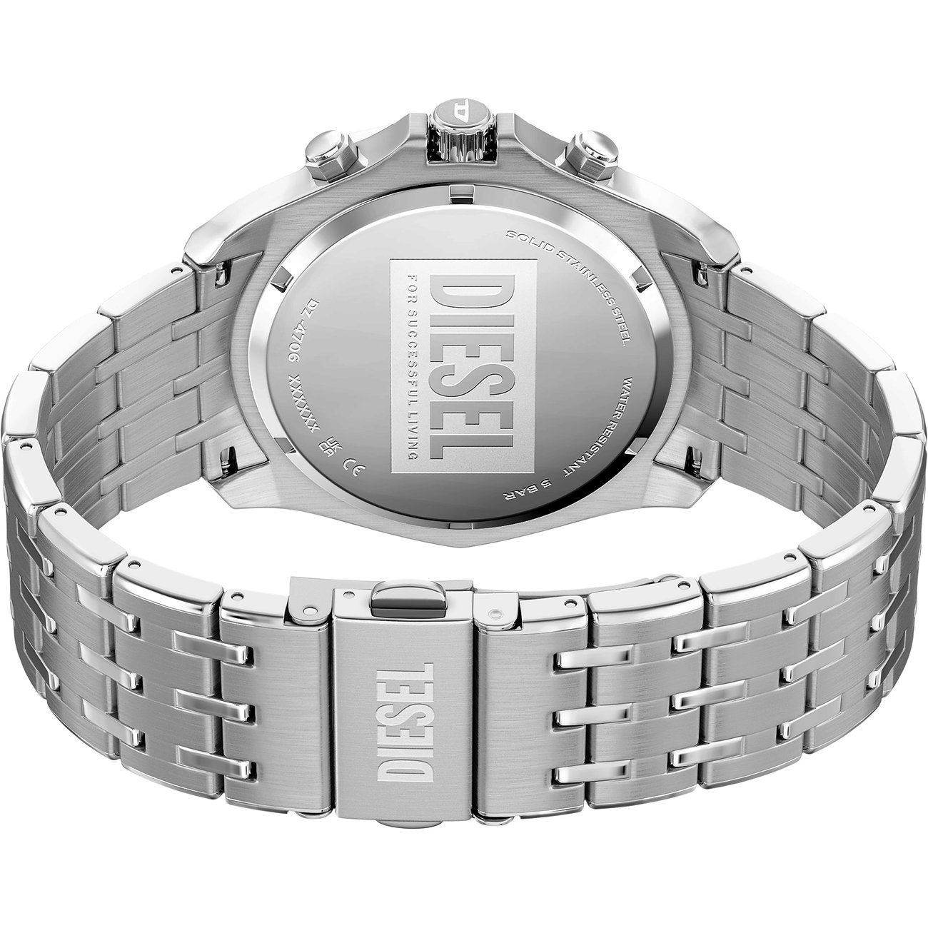 Bakifrån av Diesel herrklocka i rostfritt stål med stängt viklås som visar Diesel-logotypen.