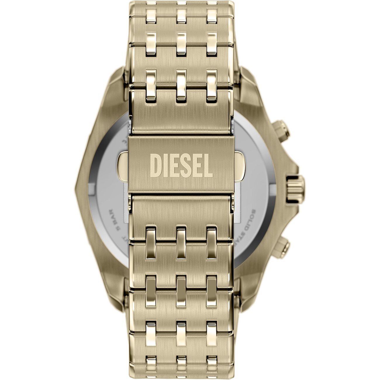 Vue arrière de la montre homme Diesel dorée en acier inoxydable avec boucle gravée « DIESEL » fermée.