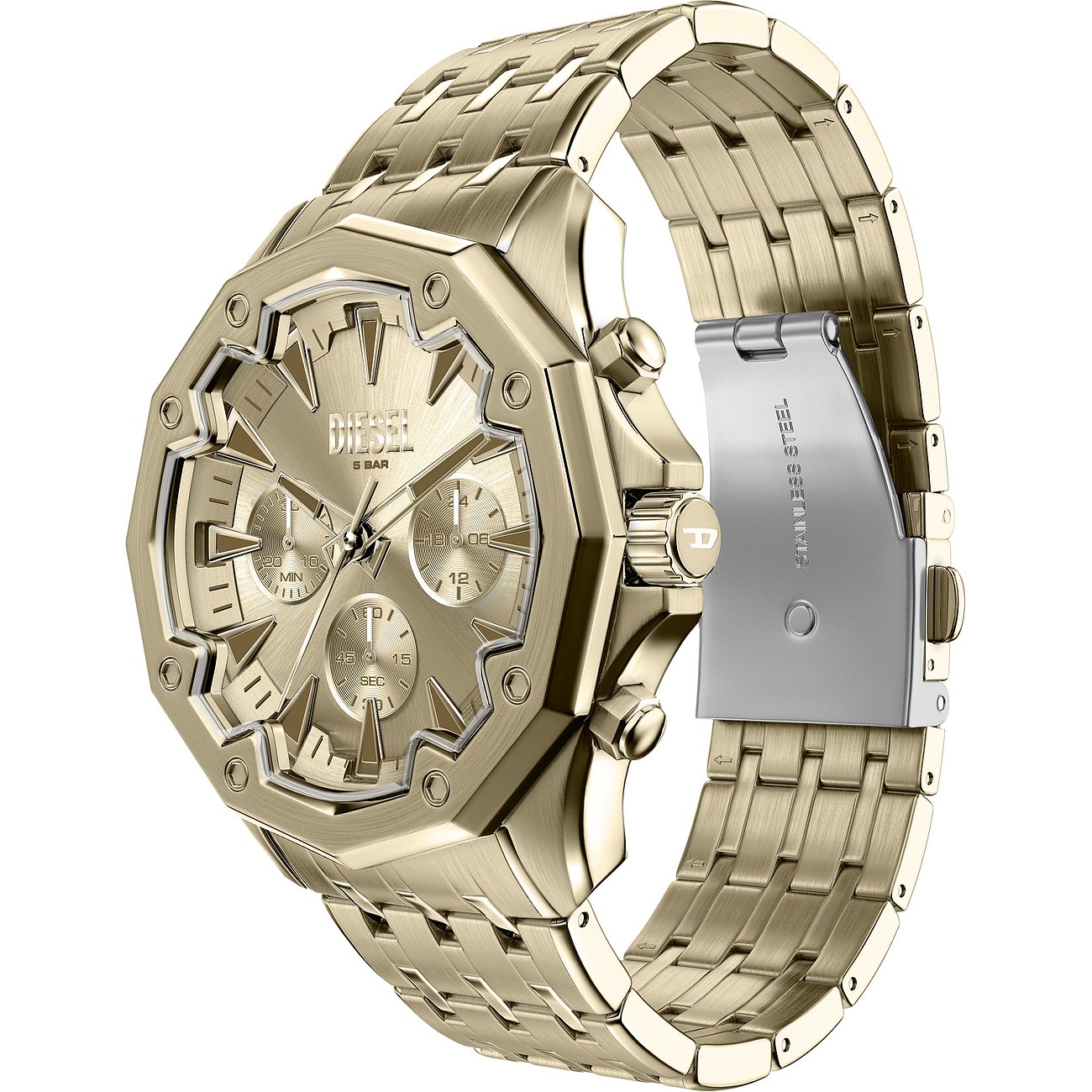 Montre homme Diesel en acier inoxydable doré. Le boîtier présente un design octogonal.