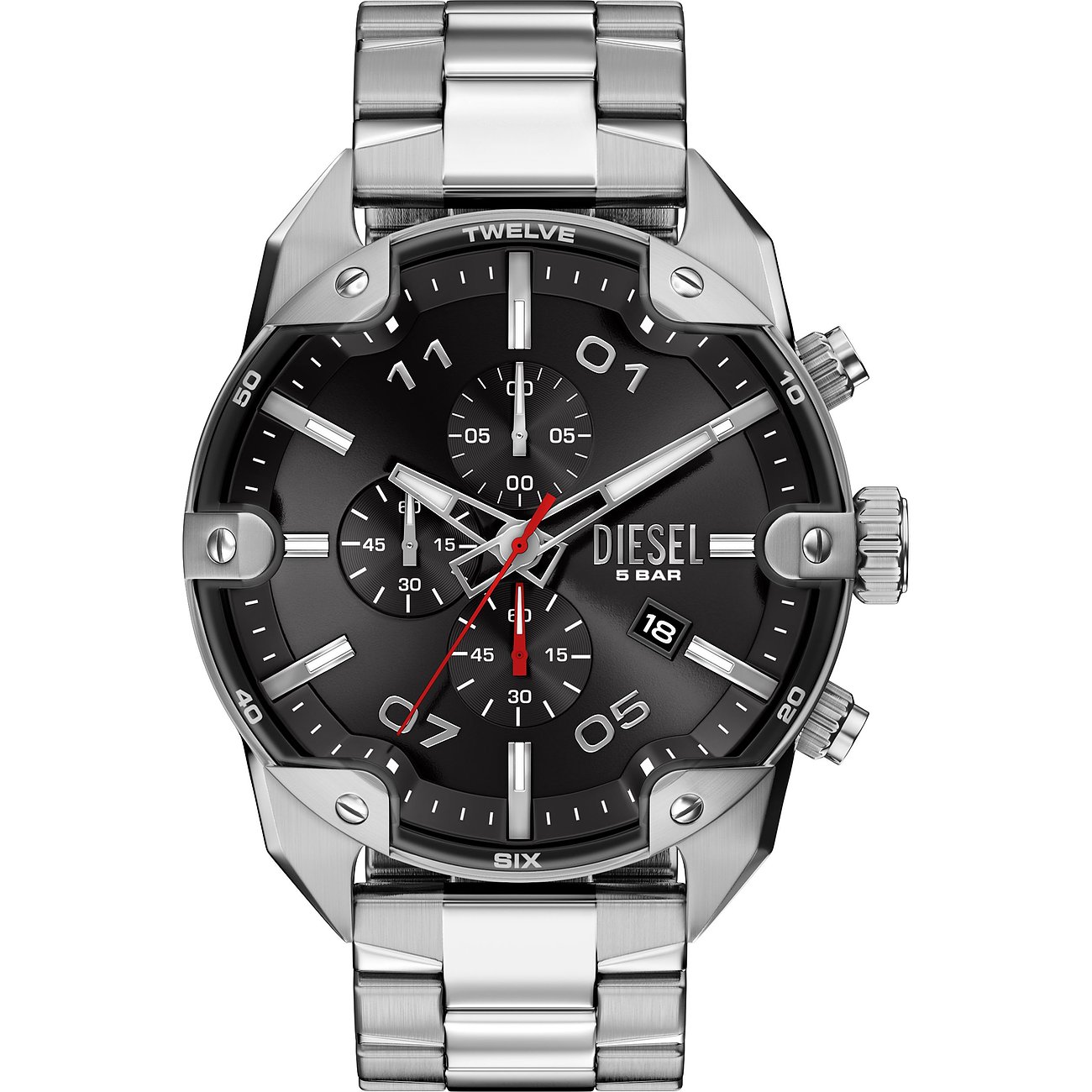 Diesel Herrenuhr aus Edelstahl mit dunklem Zifferblatt, silbernem Gehäuse und Gliederarmband.