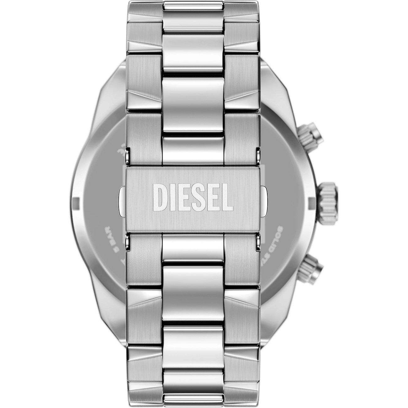 Rückseite einer Diesel Herrenuhr aus silberfarbenem Edelstahl mit eingraviertem Diesel-Logo auf der Schließe.