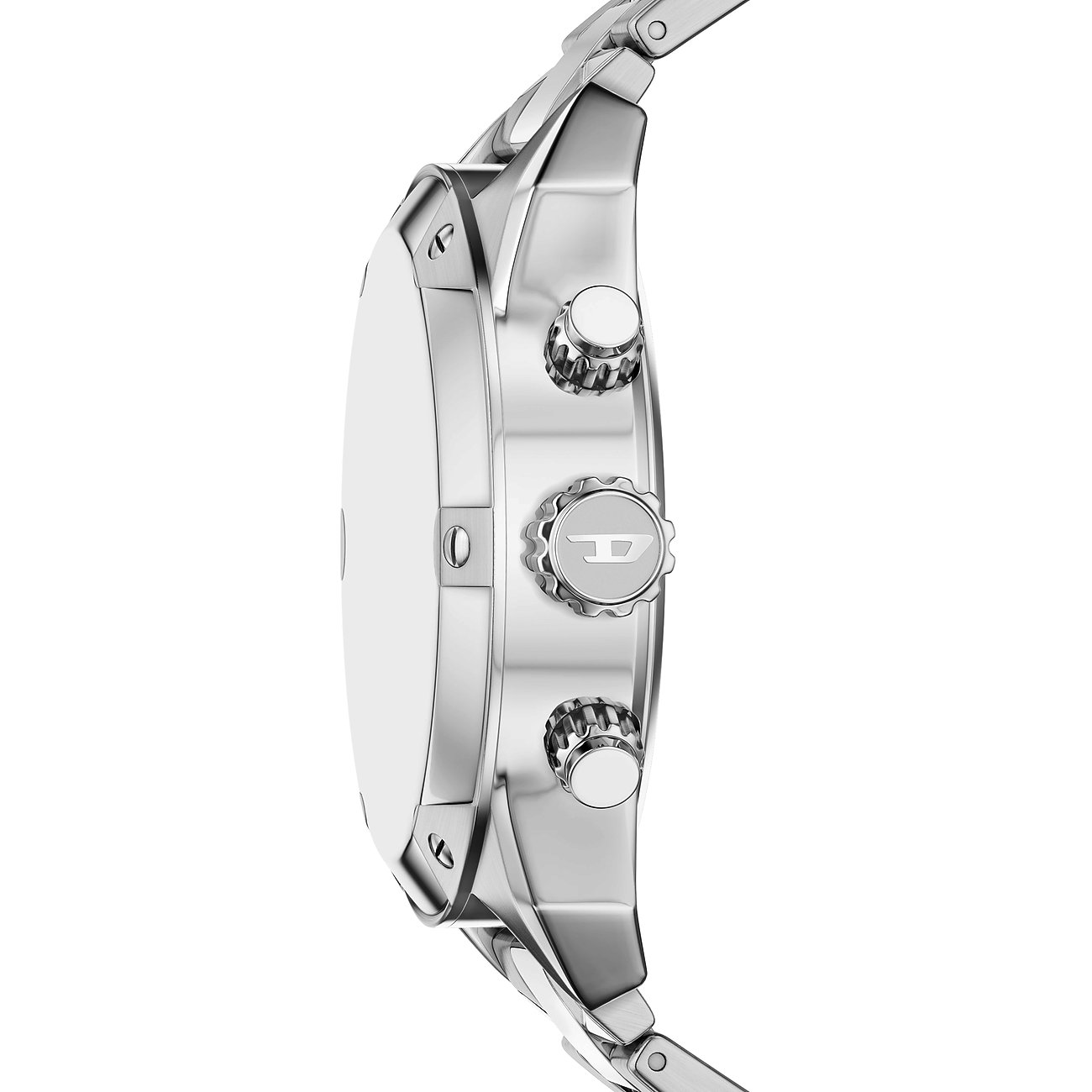 Seitenansicht einer Diesel Herrenuhr aus Edelstahl, mit sichtbaren Drückern und Krone mit Markenlogo.