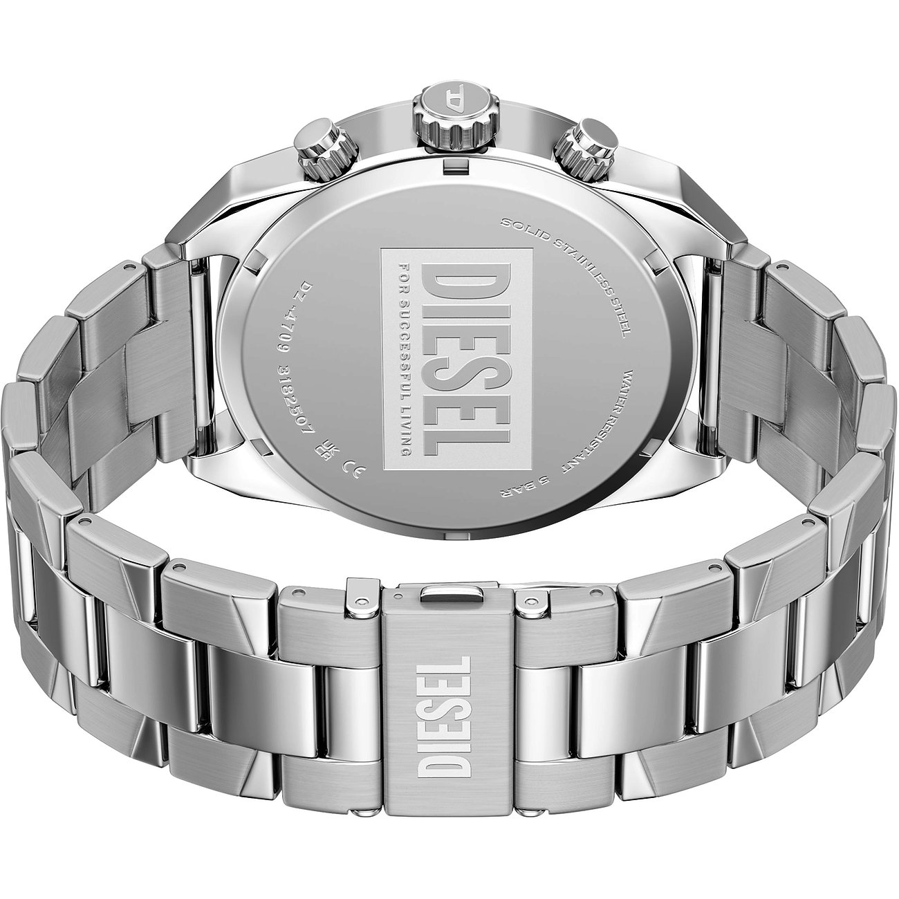 Rückansicht der Diesel Herrenuhr aus Edelstahl, mit Markenlogo auf dem Gehäuseboden und der Schließe.