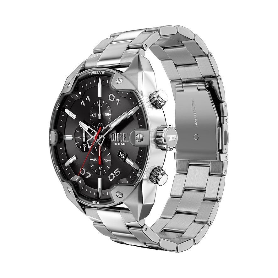 Nahaufnahme einer Diesel Herrenuhr aus Edelstahl mit dunklem Zifferblatt, silbernen Ziffern und Datumsanzeige.