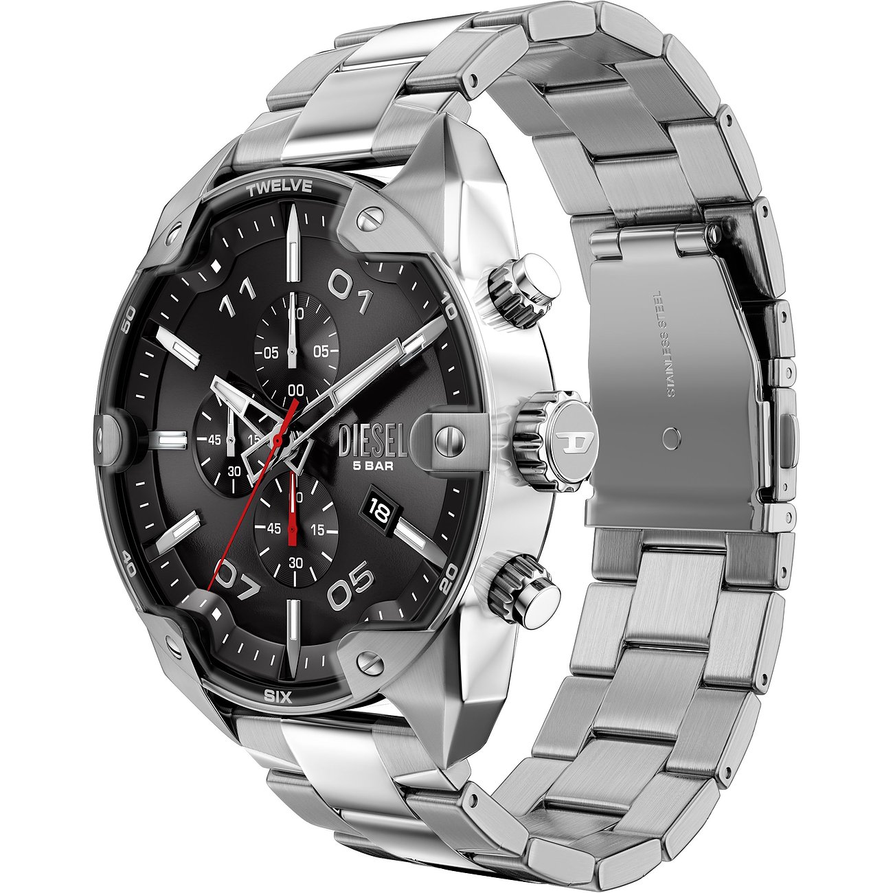 Nahaufnahme einer Diesel Herrenuhr aus Edelstahl mit dunklem Zifferblatt, silbernen Ziffern und Datumsanzeige.