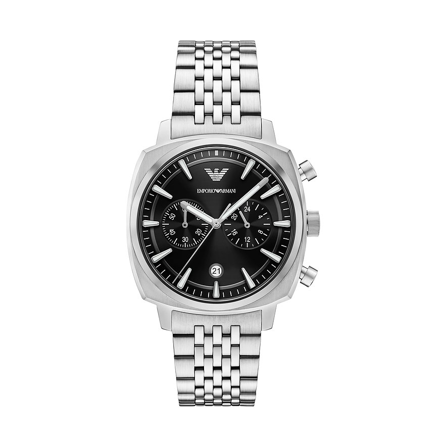 Emporio Armani Herrenuhr aus Edelstahl mit eckigem Gehäuse, schwarzem Zifferblatt und Chronographenfunktionen.