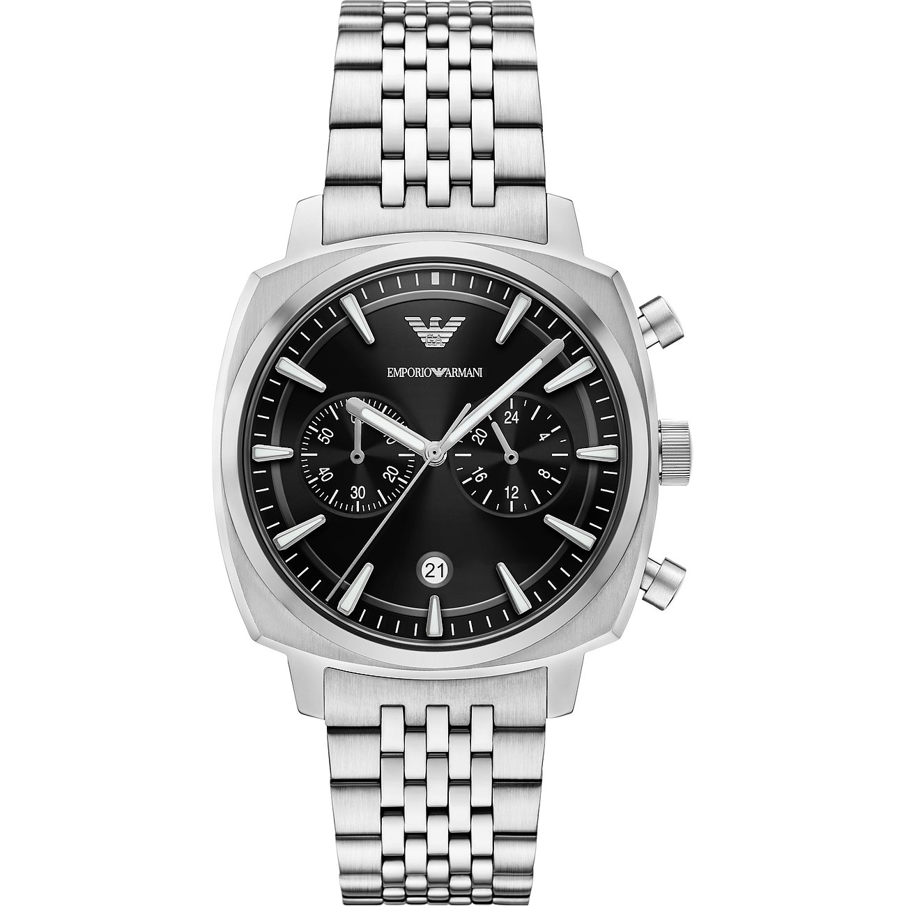 Emporio Armani Herrenuhr aus Edelstahl mit eckigem Gehäuse, schwarzem Zifferblatt und Chronographenfunktionen.