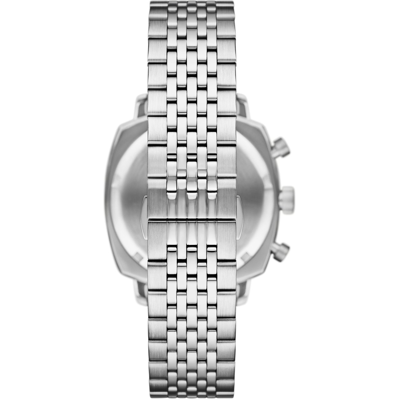 Rückansicht der Emporio Armani Herrenuhr aus silberfarbenem Edelstahl mit Chronographenfunktion, Zifferblatt unscharf