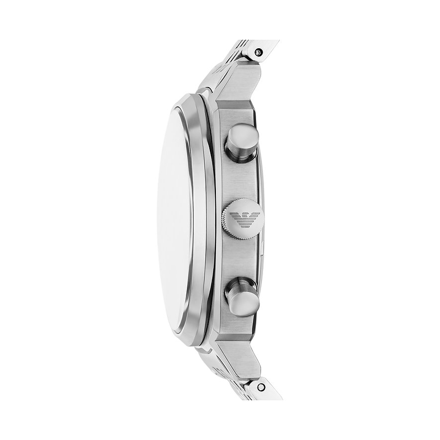 Seitenansicht der Emporio Armani Herrenuhr aus silbernem Edelstahl mit drei Knöpfen und Logo auf dem mittleren Knopf.