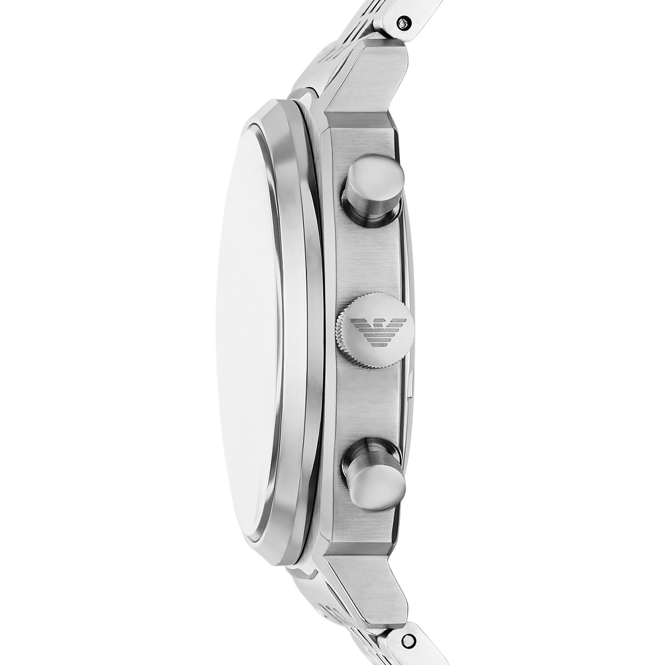 Seitenansicht der Emporio Armani Herrenuhr aus silbernem Edelstahl mit drei Knöpfen und Logo auf dem mittleren Knopf.