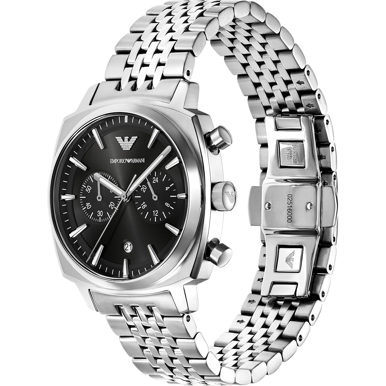 Emporio Armani Herrenuhr aus Edelstahl mit Chronographenfunktion, auf einem weißen Hintergrund.