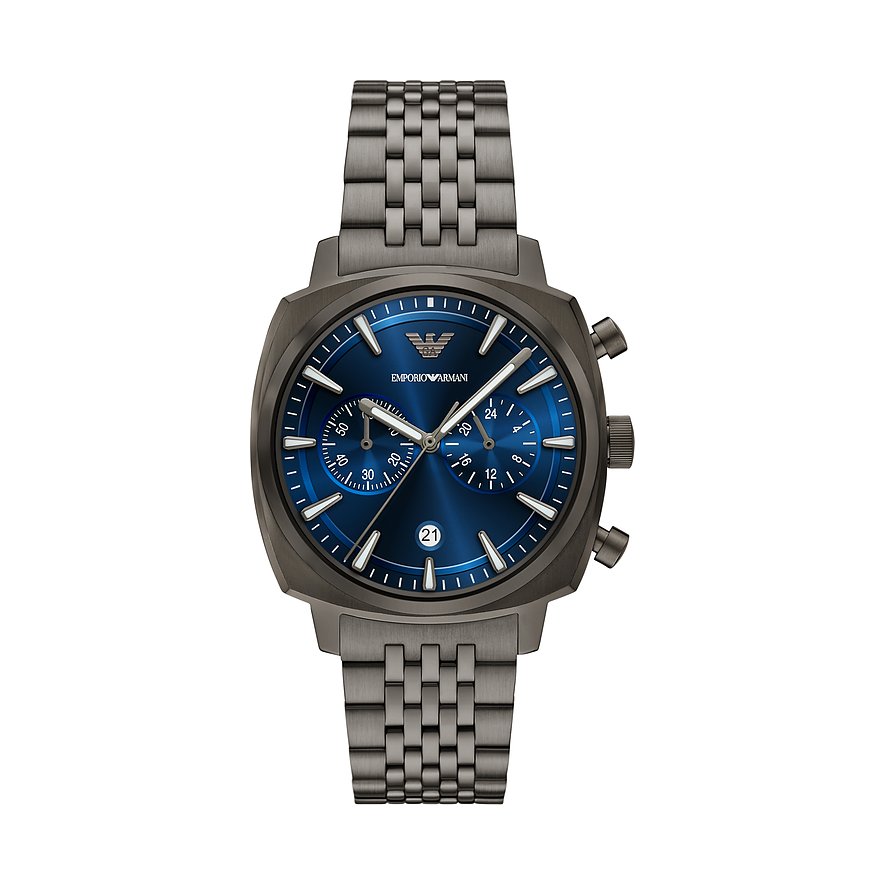 Emporio Armani Herrenuhr aus dunkelgrauem Edelstahl mit blauem Zifferblatt und Chronographenfunktion, Frontalansicht.