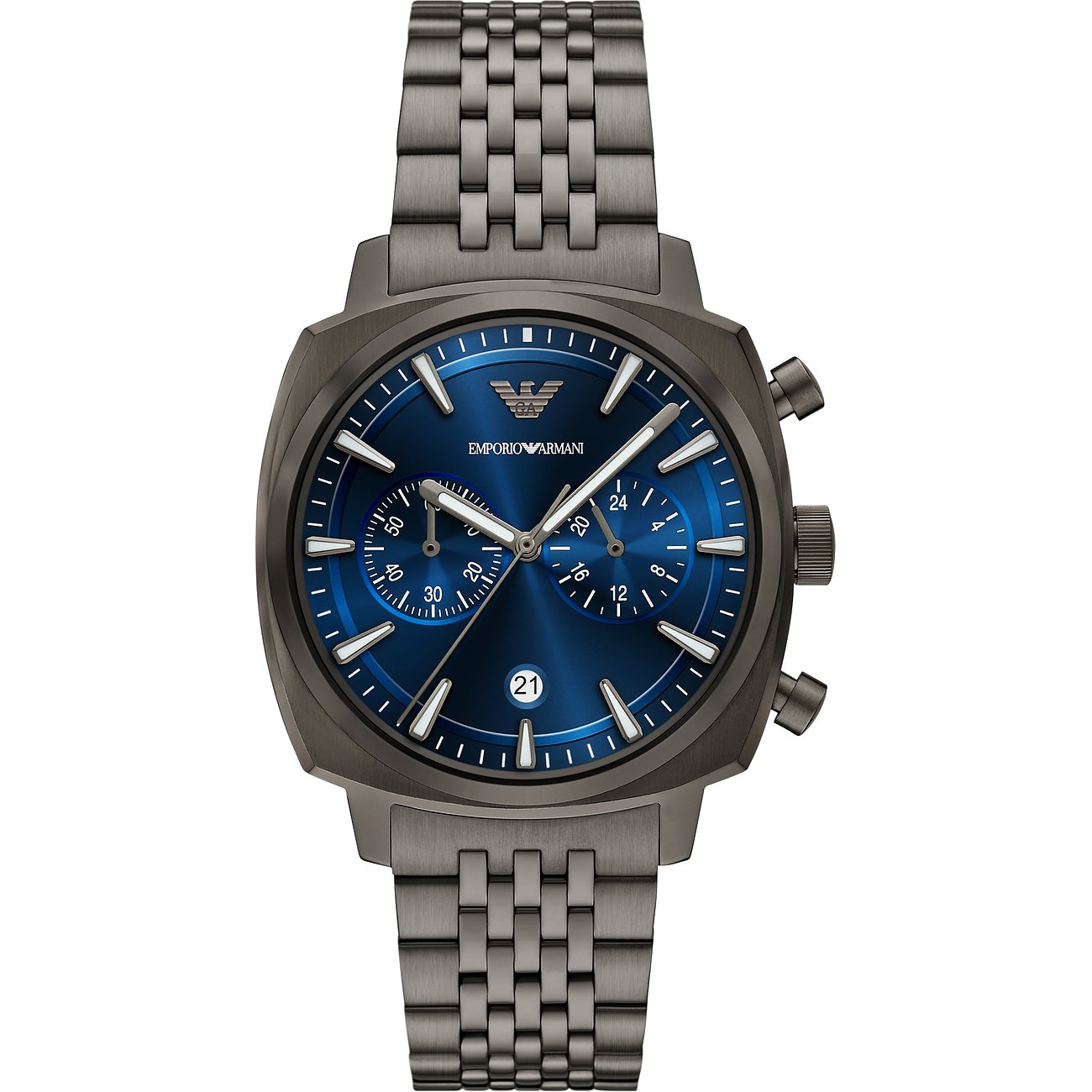 Emporio Armani Herrenuhr aus dunkelgrauem Edelstahl mit blauem Zifferblatt und Chronographenfunktion, Frontalansicht.
