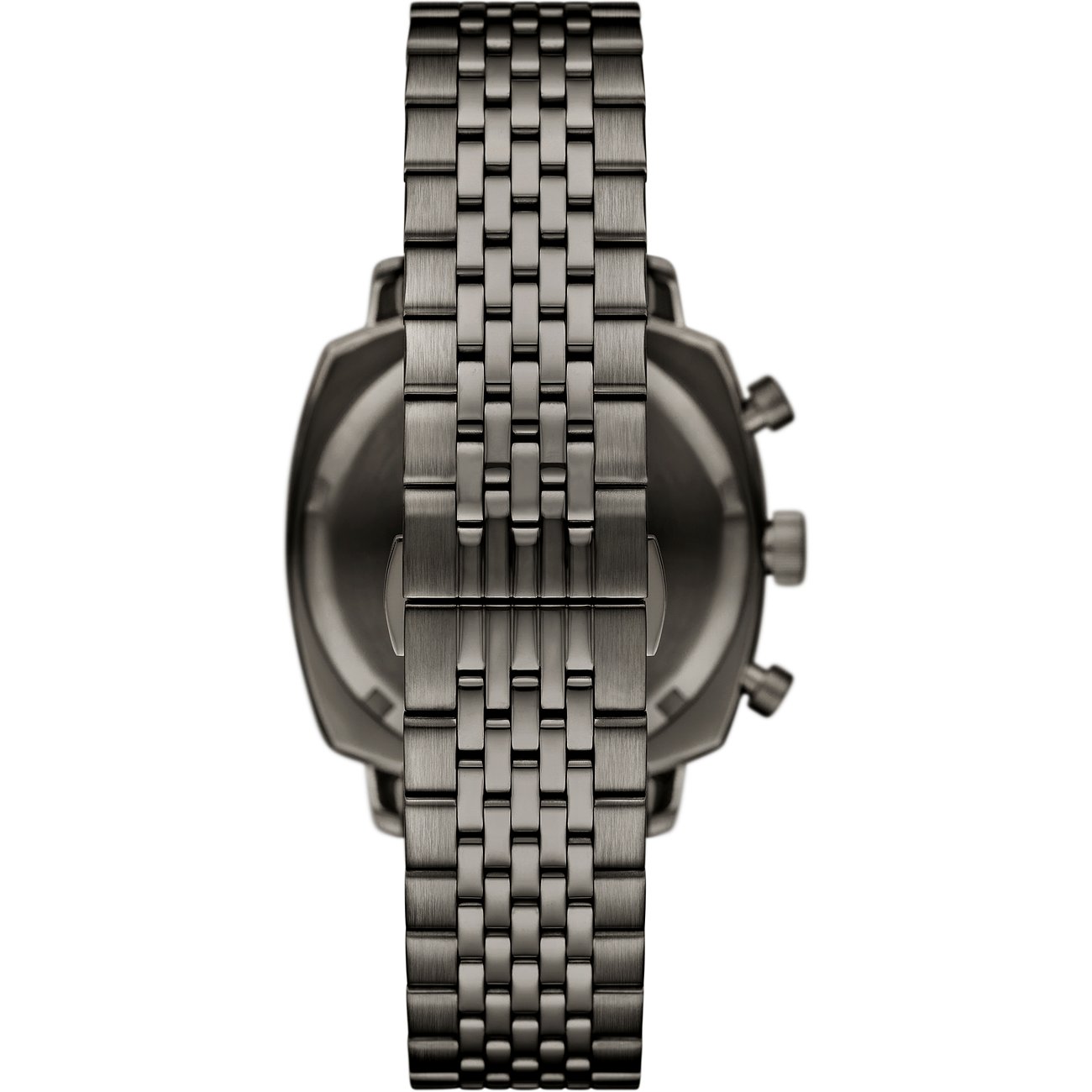 Rückansicht der Emporio Armani Herrenuhr aus dunkelgrauem Edelstahl mit Sicht auf die Lünette und das Armband.