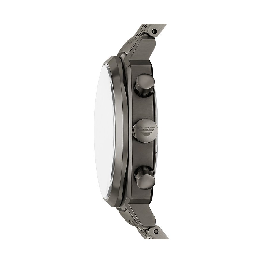 Emporio Armani Herrenuhr aus dunkelgrauem Edelstahl, seitliche Ansicht mit sichtbarer Krone und Drückern.