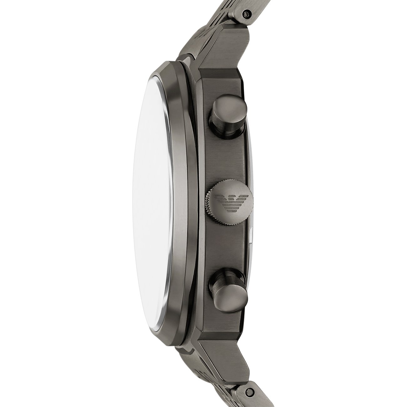 Emporio Armani Herrenuhr aus dunkelgrauem Edelstahl, seitliche Ansicht mit sichtbarer Krone und Drückern.