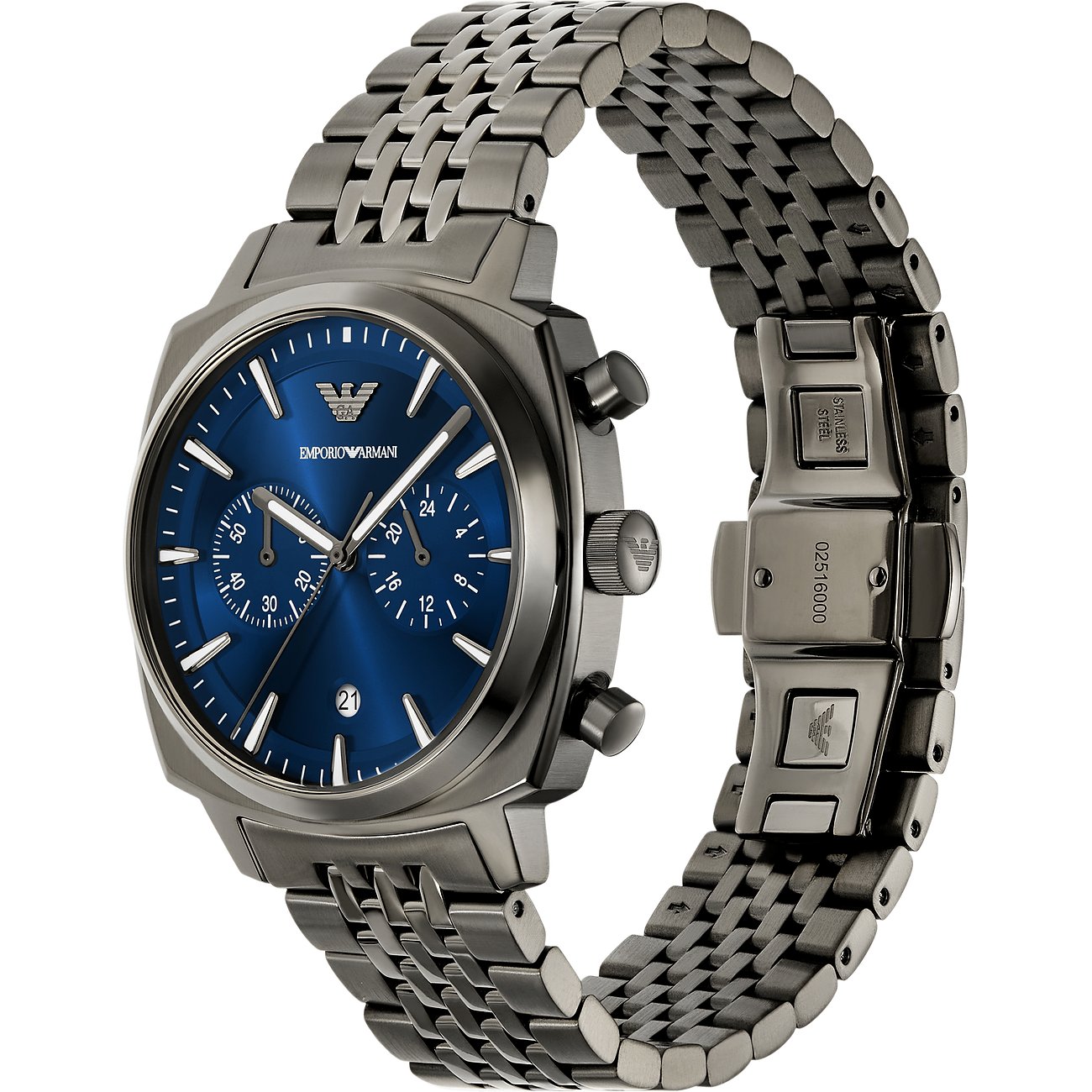 Emporio Armani Herrenuhr aus blauem/grauem Edelstahl, schräg von oben. Blaues Zifferblatt mit drei Chronographen & Datum.