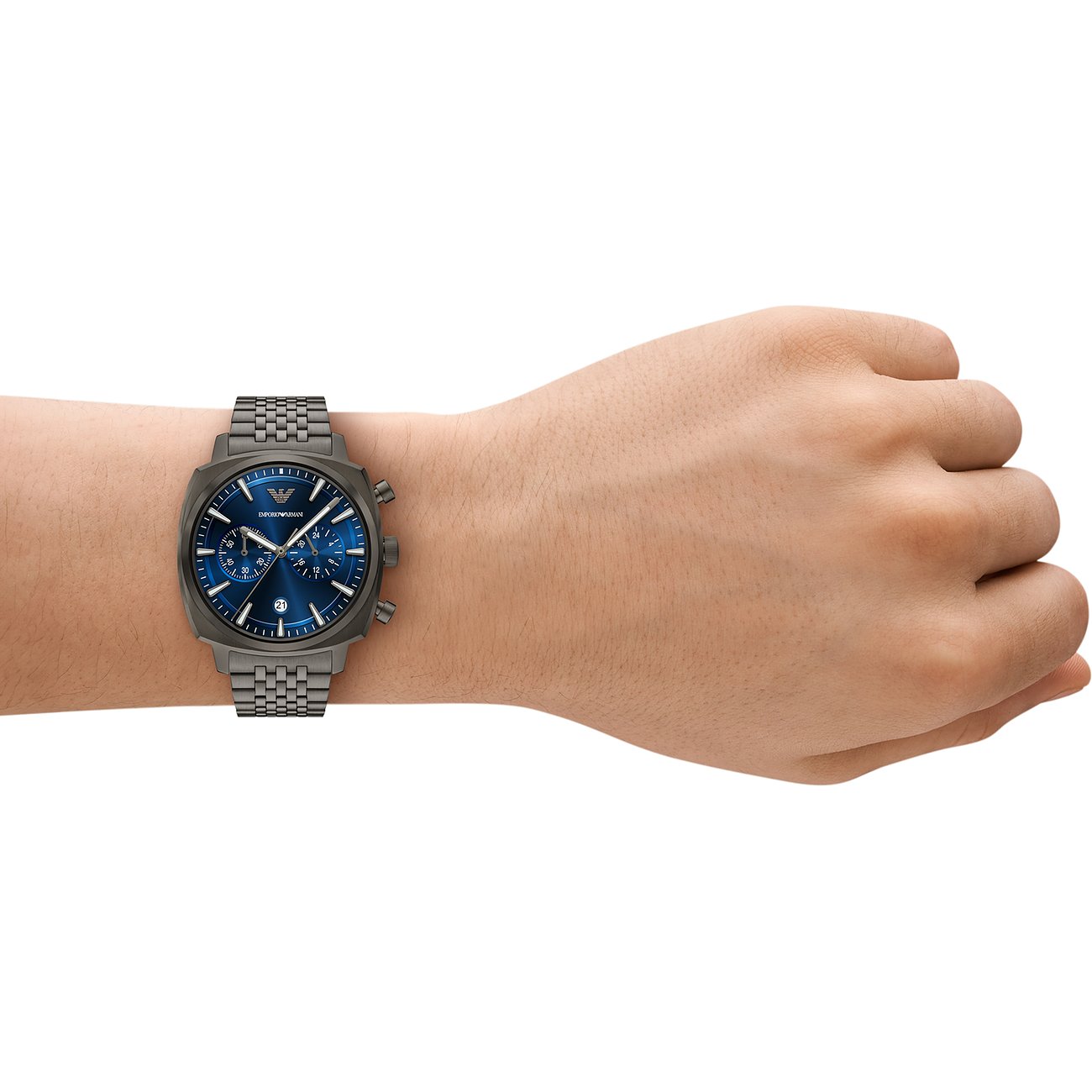 Emporio Armani Herrenuhr aus blauem und schwarzem Edelstahl am Handgelenk mit Chronograph und Tagesanzeige.