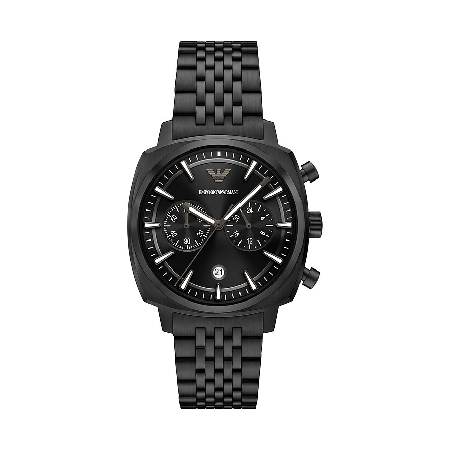 Eine schwarze Emporio Armani Herrenuhr aus Edelstahl, von vorne gesehen.
