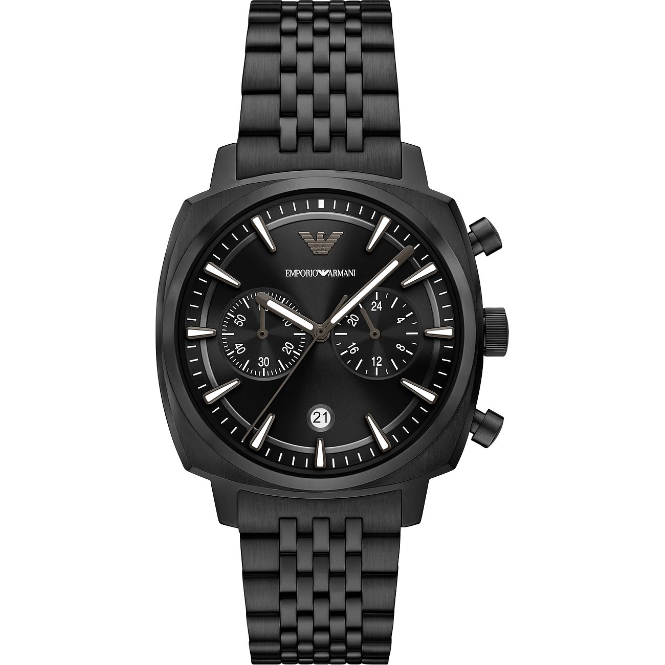 Eine schwarze Emporio Armani Herrenuhr aus Edelstahl, von vorne gesehen.